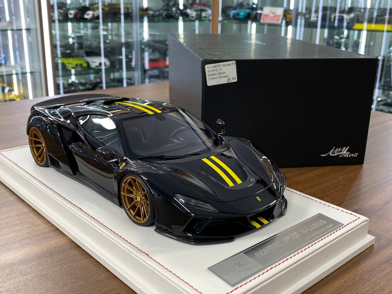🚨1:18 Resin Model IVY Merit Models Ferrari F8 N-Largo Novitec – Metallic Black/Yellow Stripe Ltd 99 pcs