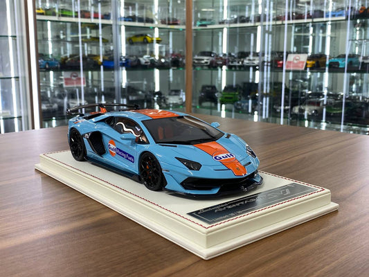 1/18 Resin Lamborghini Aventador SVJ – Davis & Giovanni Metallic Light with Gulf Decal Limited 30 pcs