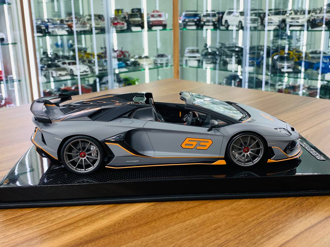 1/18 Resin Model - MR Collection Lamborghini Aventador Roadster SVJ #63 in Matt Grey/Orange, 01/01 Limited Edition
