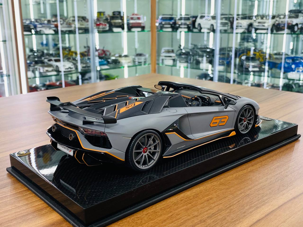1/18 Resin Model - MR Collection Lamborghini Aventador Roadster SVJ #63 in Matt Grey/Orange, 01/01 Limited Edition