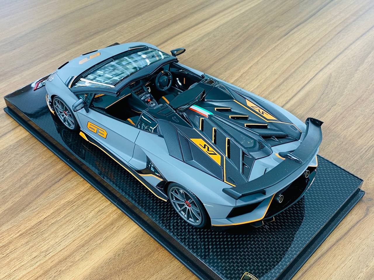 1/18 Resin Model - MR Collection Lamborghini Aventador Roadster SVJ #63 in Matt Grey/Orange, 01/01 Limited Edition