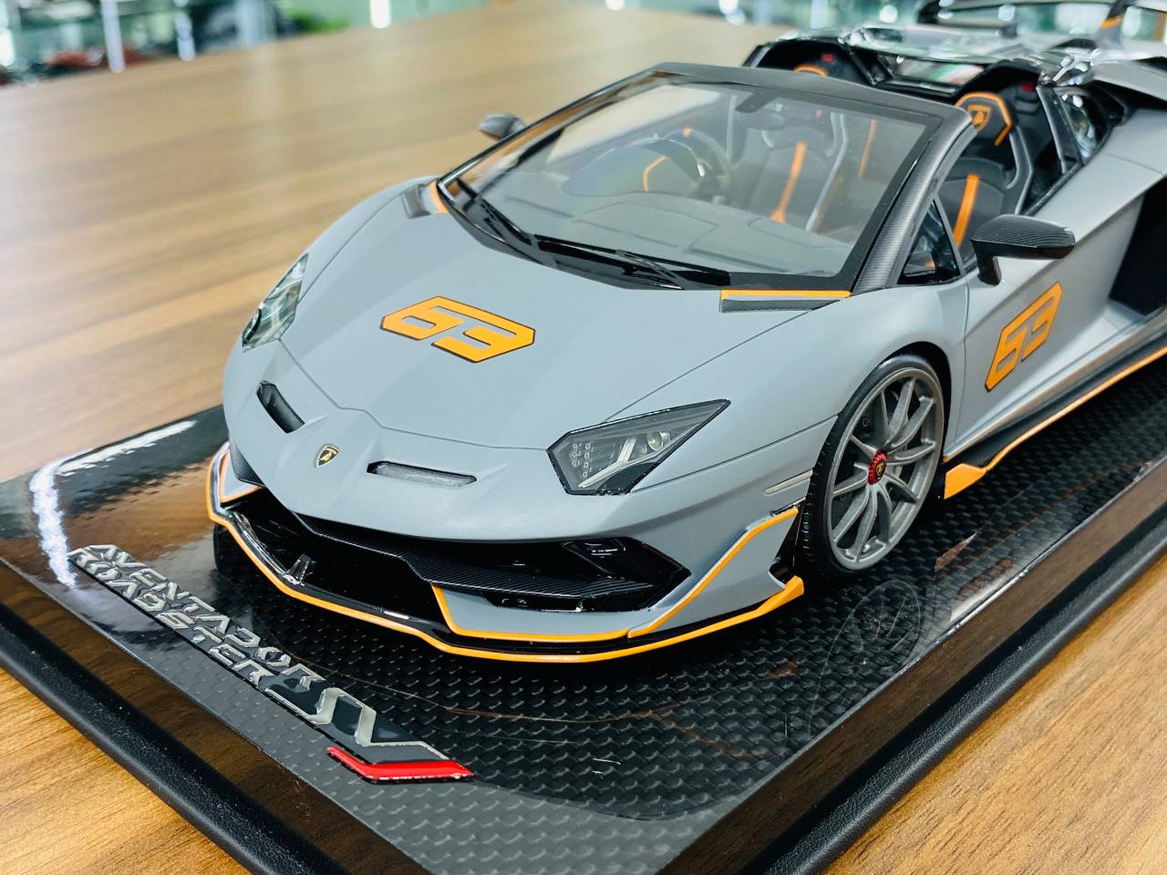 1/18 Resin Model - MR Collection Lamborghini Aventador Roadster SVJ #63 in Matt Grey/Orange, 01/01 Limited Edition