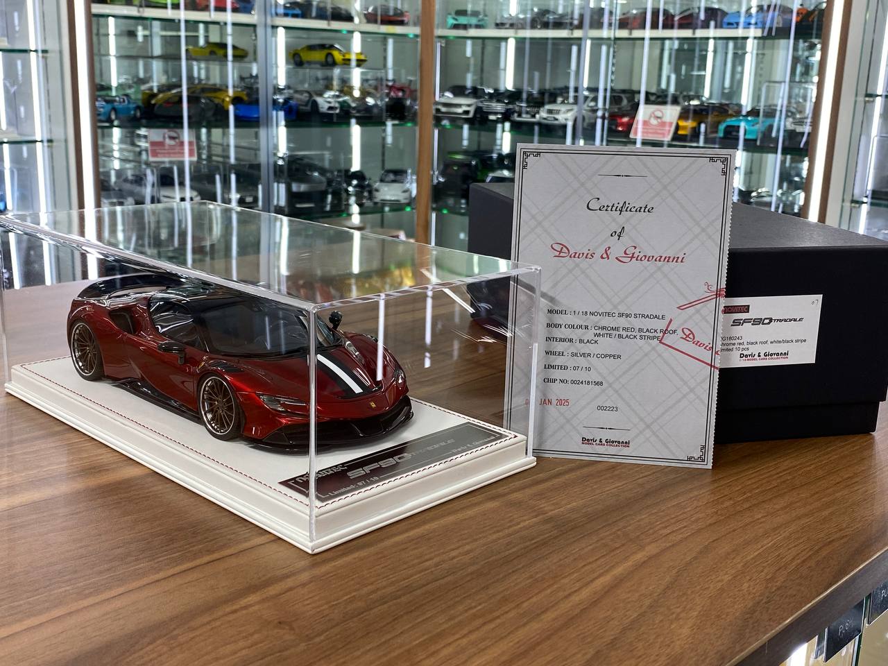1/18 Resin Ferrari SF90 Stradale Novitec – Davis & Giovanni Chrome Red w/ Black Roof & White/Black Stripe Limited 10