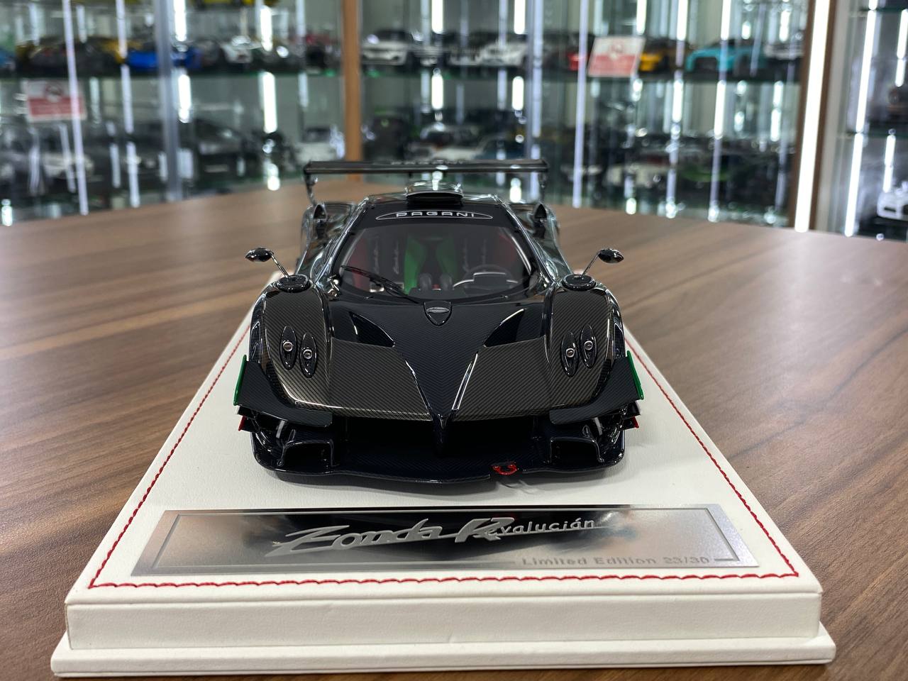 1/18 Resin Pagani Zonda Revolucian – Dino Models Carbon Fiber Grey with Gold Rims Limited 30 pcs