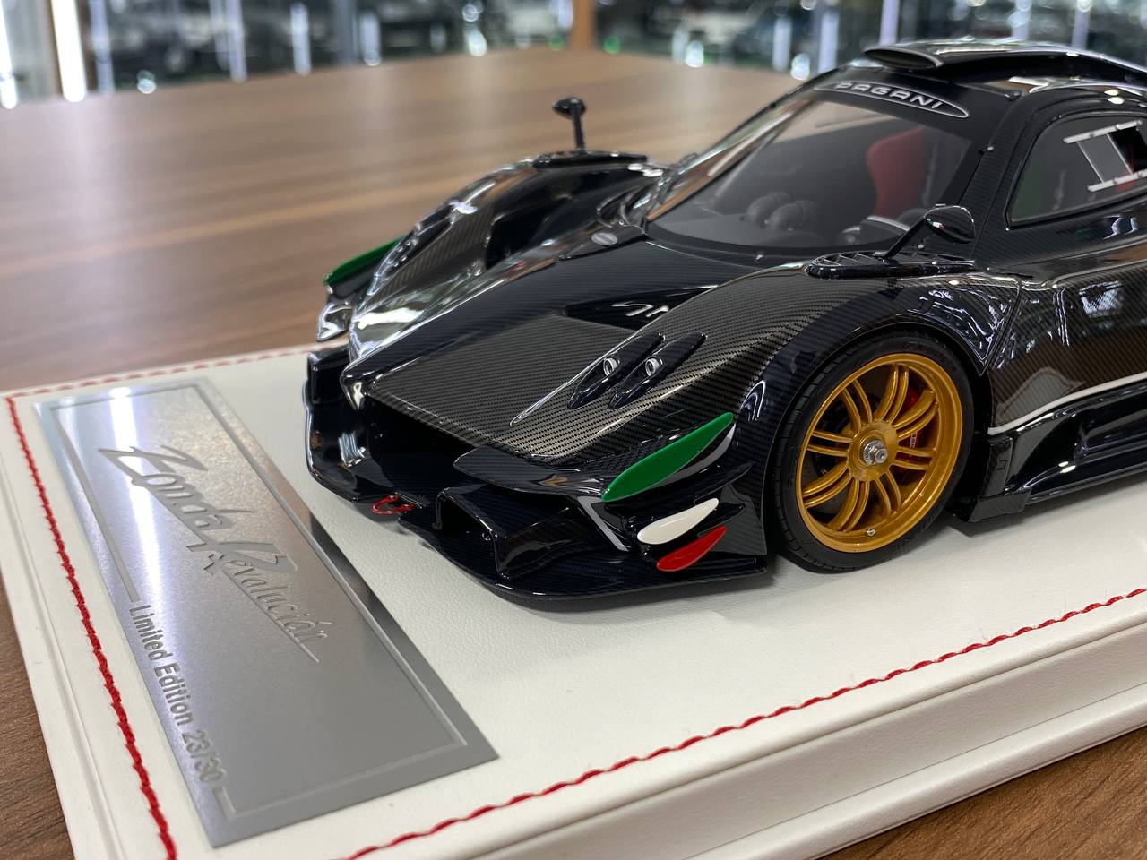 1/18 Resin Pagani Zonda Revolucian – Dino Models Carbon Fiber Grey with Gold Rims Limited 30 pcs