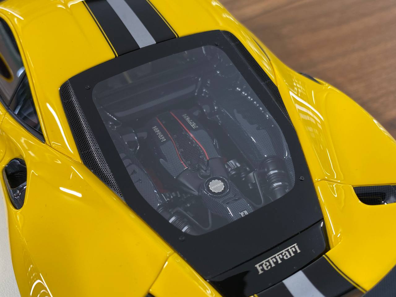 1/18 Resin Ferrari 488 PISTA Novitec by Davis & Giovanni in Giallo Modena, silver/black stripe Limited- 30 pcs