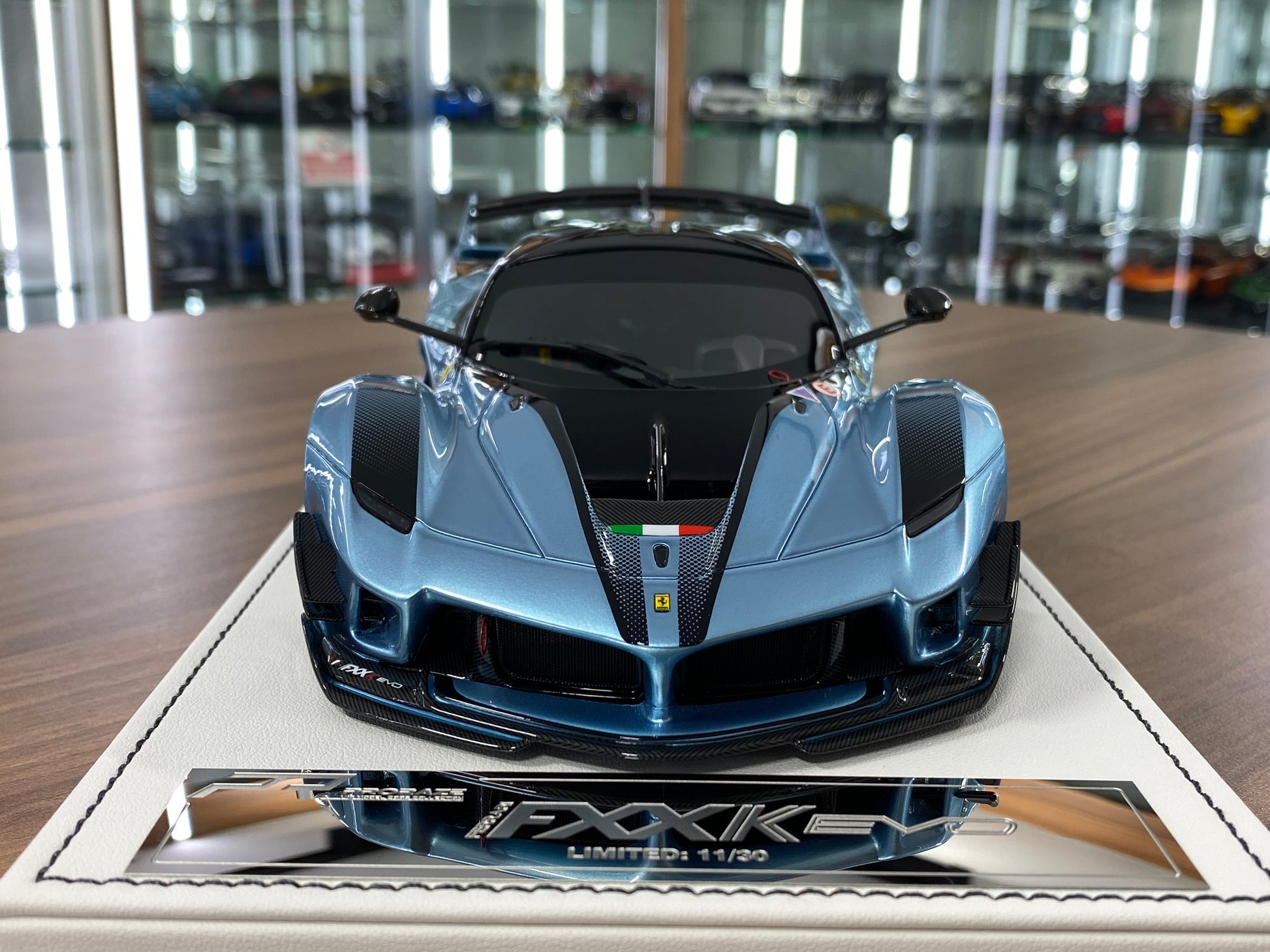 Ferrari FXXK EVO Light Metallic Blue 1/18 scale ProRaze resin collectible