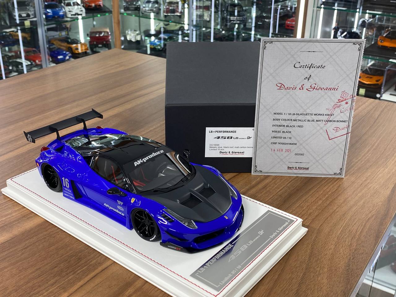 1/18 Resin Model – Ferrari 458 GT LB WORKS | Davis & Giovanni |Metallic Blue with Matt Carbon Bonnet