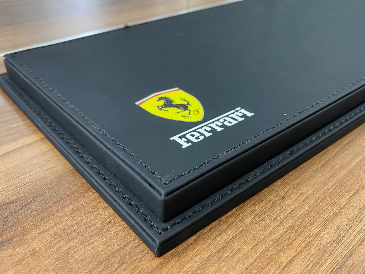 1:18 Acrylic Display Case – Black Leather Base with Ferrari Logo Print
