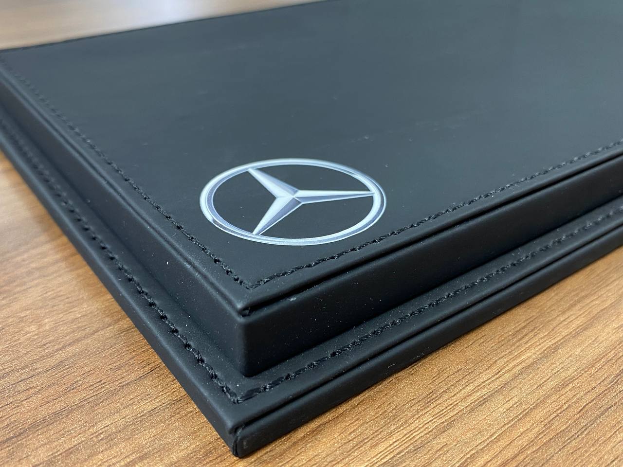 1:18 Acrylic Display Case – Black Leather Base with Mercedes-Benz Logo Print