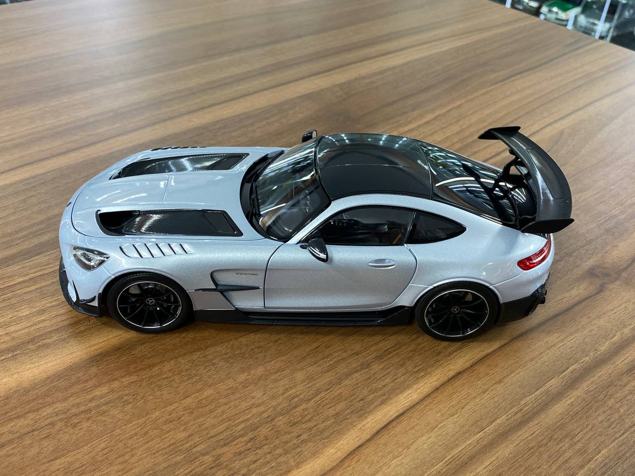 1/18 diecast Norev Dealer Edition Mercedes Benz AMG GT Black Series in high tech silver