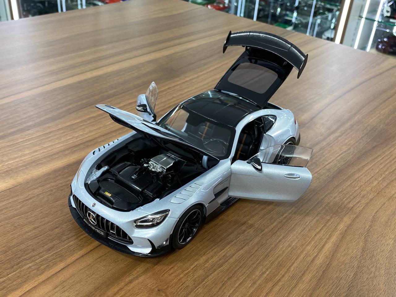 1/18 diecast Norev Dealer Edition Mercedes Benz AMG GT Black Series in high tech silver