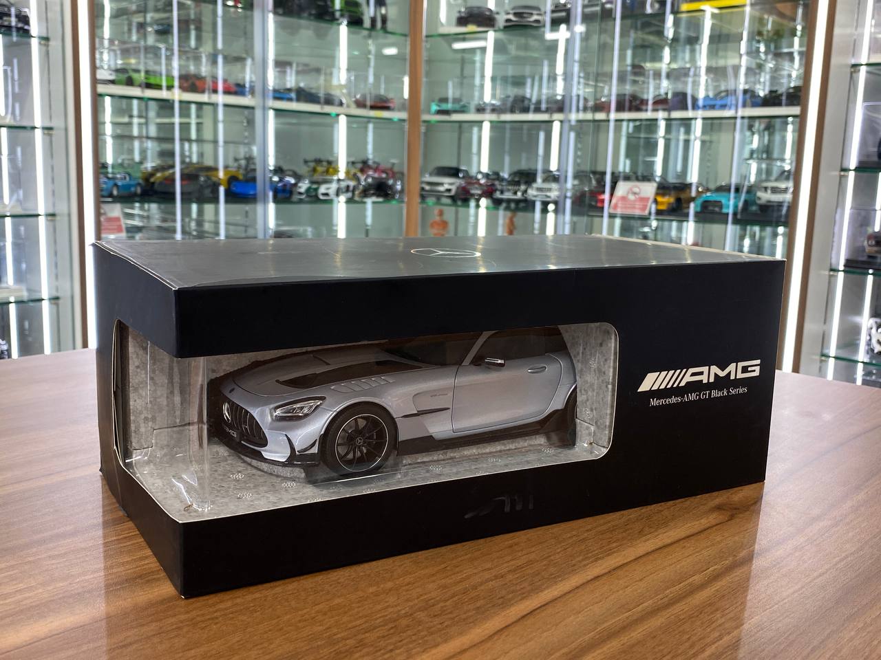 1/18 diecast Norev Dealer Edition Mercedes Benz AMG GT Black Series in high tech silver