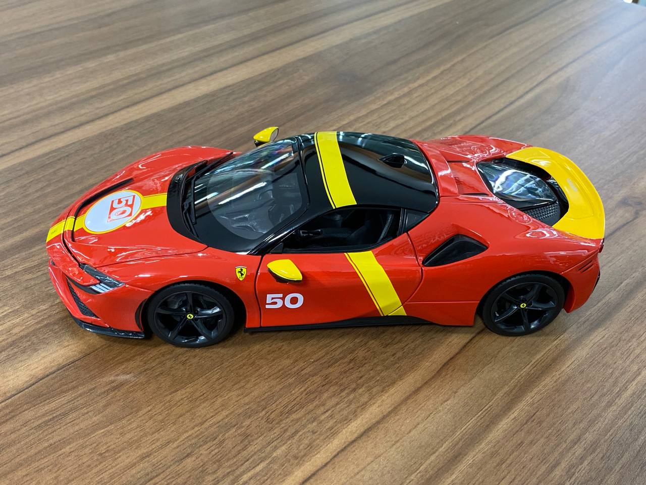 1/18 Diecast Full opening Bburago Ferrari SF90 Stradale Assetto Fiorano #50  Red / Yellow stripe
