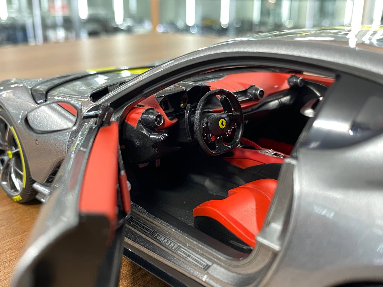 1/18 Diecast Full opening Bburago Signature Series  Ferrari 812 Competizione Grey / yellow stripe