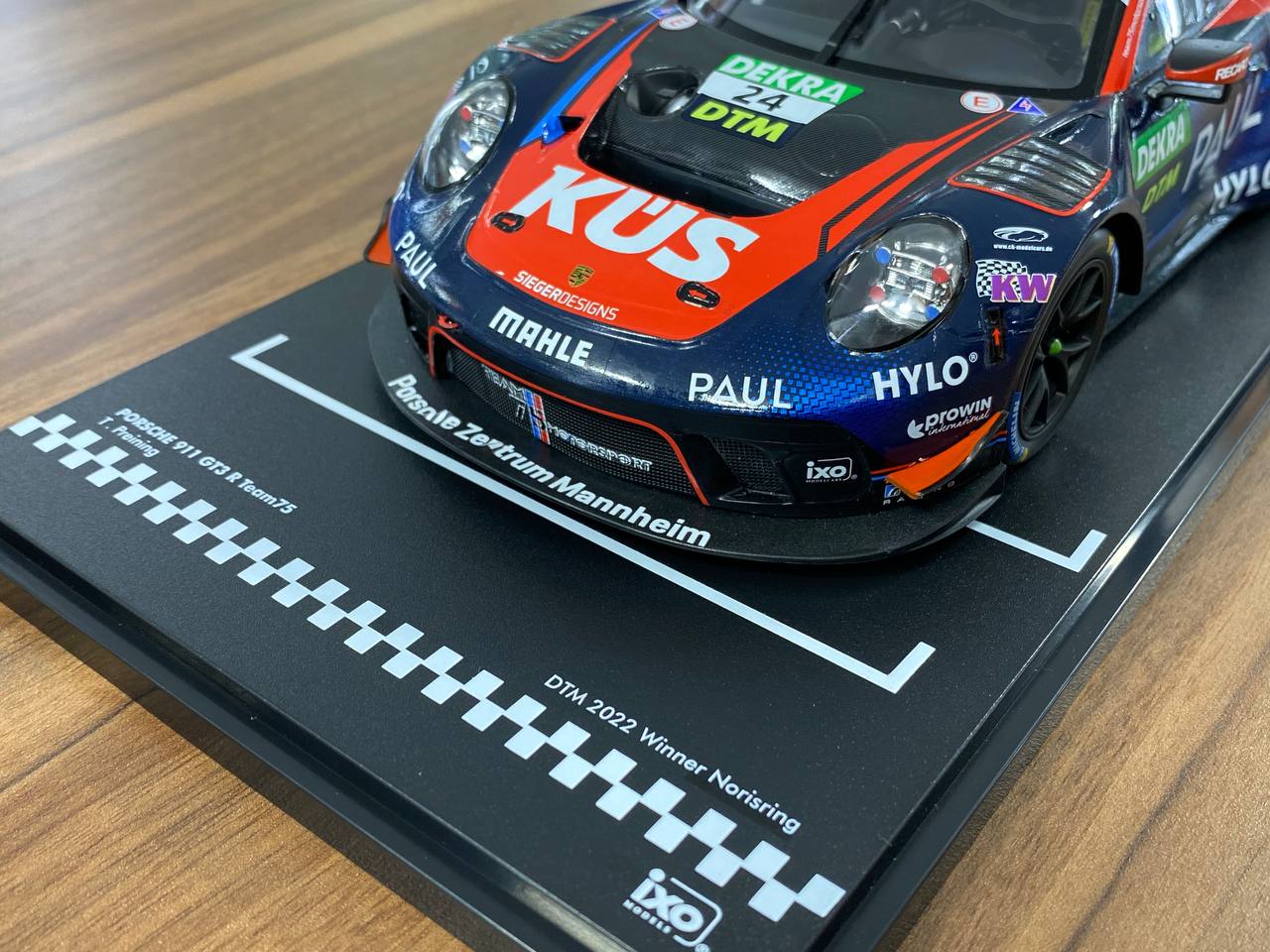 1/18 Diecast ixo Models PORSCHE 911 GT3 R Team75 T. Preining DTM 2022 Winner Norisring Racing blue / Red