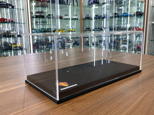 1:18 Acrylic Display Case – Black Leather Base with Koenigsegg Logo Print