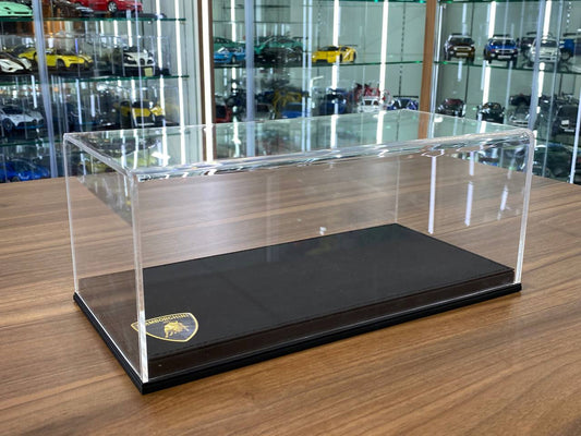 1:18 Acrylic Display Case – Black Leather Base with Lamborghini Logo Print