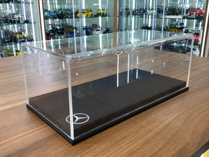 1:18 Acrylic Display Case – Black Leather Base with Mercedes-Benz Logo Print
