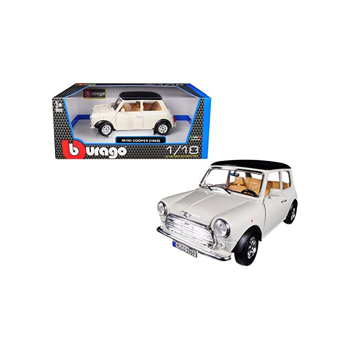 1/18 Diecast 1969 Mini Cooper Beige with Black Top Car Bburago Scale Model Car