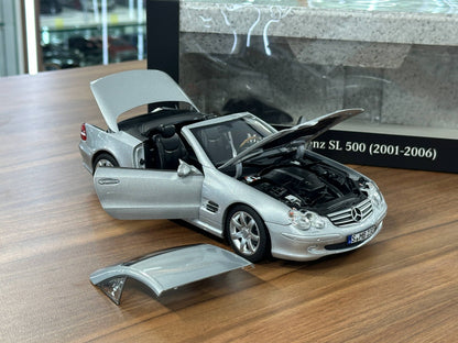 1/18 Diecast Mercedes-Benz SL 500 (R230, 2001–2006) – Norev Dealer Edition (Brilliant Silver)