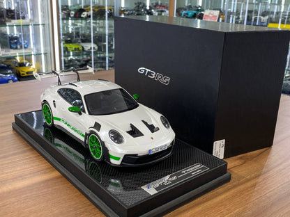 🚨1:18 Resin Model Porsche 911 GT3 RS (992.1)  – White/Green Wheels | Timothy & Pierre (Limited 49 pcs)