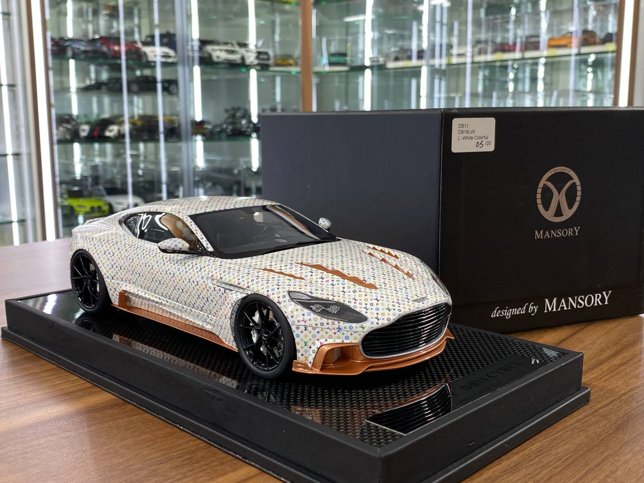 Aston Martin DB11 CYRUS MANSORY 1:18 Resin Model – LV White Colorful | Timothy & Pierre (Limited 20 pcs – Dubai Collectors)