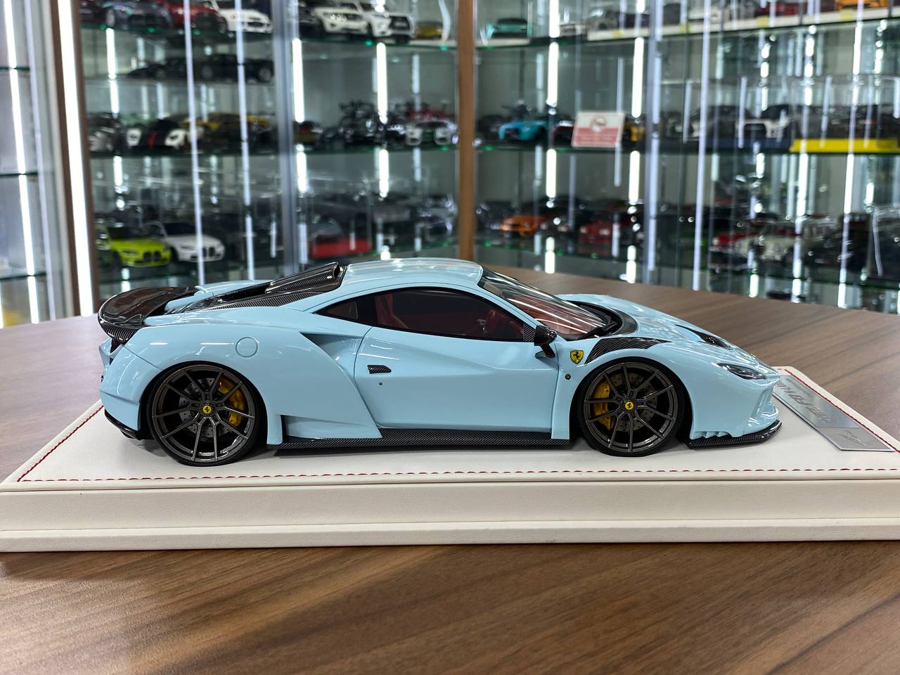 🚨1:18 Resin Model IVY Merit Models Ferrari F8 N-Largo Novitec – Baby Blue / White Stripes (Limited 99 pcs)