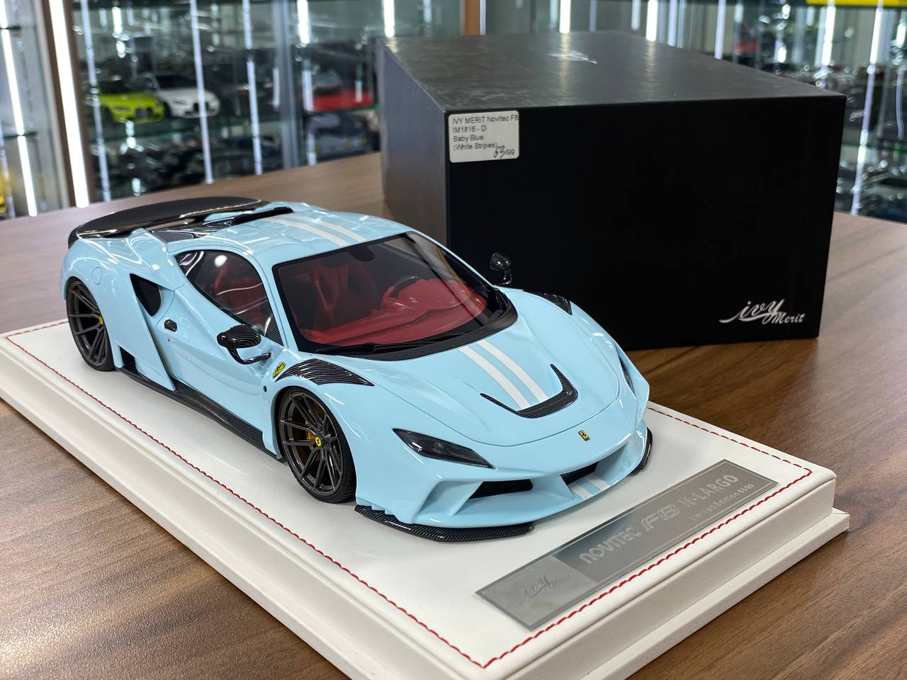 🚨1:18 Resin Model IVY Merit Models Ferrari F8 N-Largo Novitec – Baby Blue / White Stripes (Limited 99 pcs)