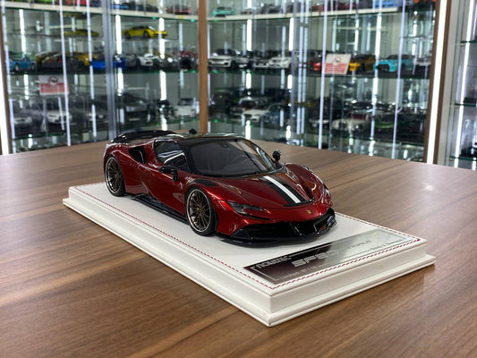 1/18 Resin Ferrari SF90 Stradale Novitec – Davis & Giovanni Chrome Red w/ Black Roof & White/Black Stripe Limited 10