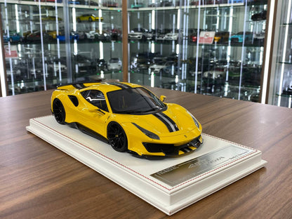1/18 Resin Ferrari 488 PISTA Novitec by Davis & Giovanni in Giallo Modena, silver/black stripe Limited- 30 pcs