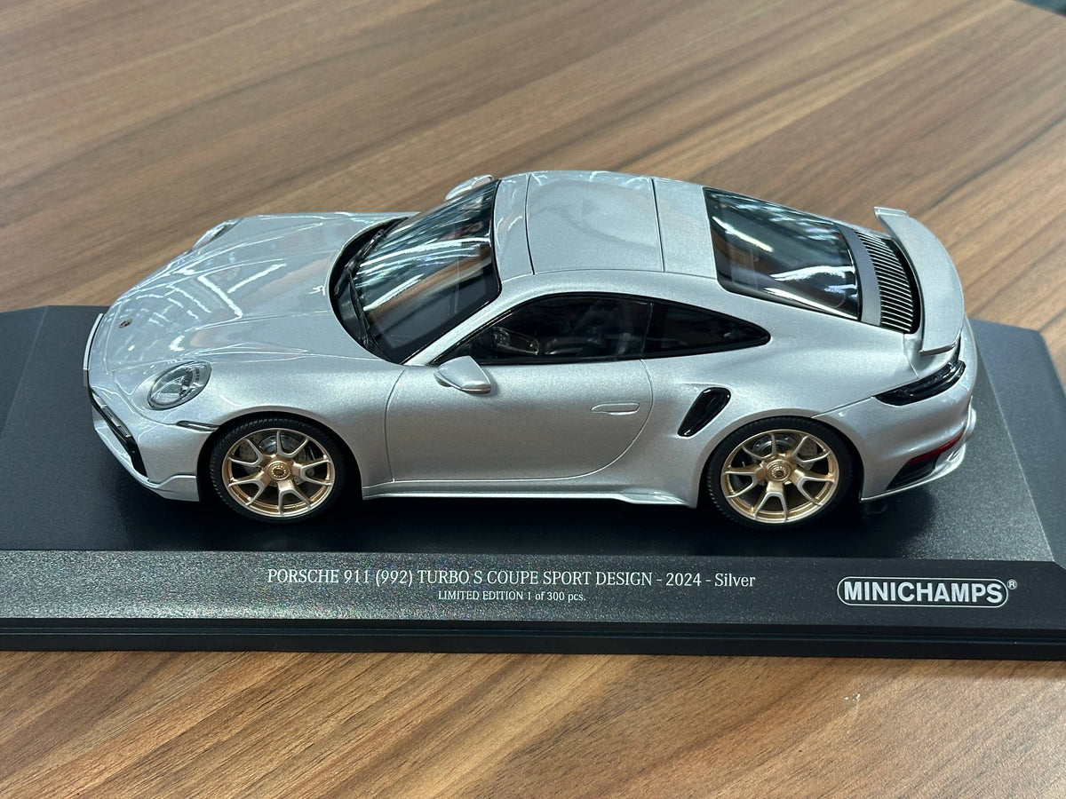 Minichamps Porsche 911 (992) Turbo S Coupe Sport Design 2024 Silver 1/18 Scale Diecast Model Car | Limited Edition 300 pcs