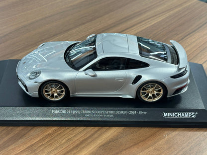 Minichamps Porsche 911 (992) Turbo S Coupe Sport Design 2024 Silver 1/18 Scale Diecast Model Car | Limited Edition 300 pcs