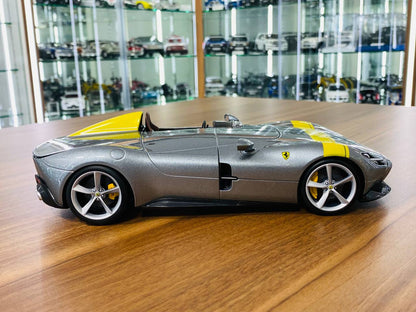 1/18 Diecast Ferrari Monza SP1 Silver Metallic with Yellow Stripes Scale Model Car