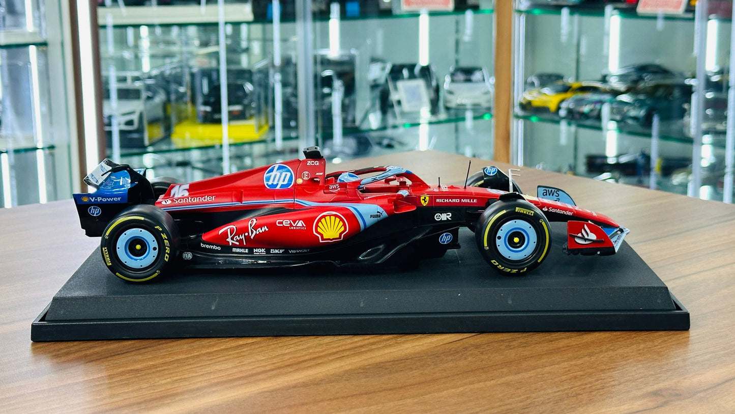 Bburago Ferrari SF‑24 Charles Leclerc #16 – 3rd Miami GP 2024 – Matt Red/Blue – 1:18 Metal Diecast Model
