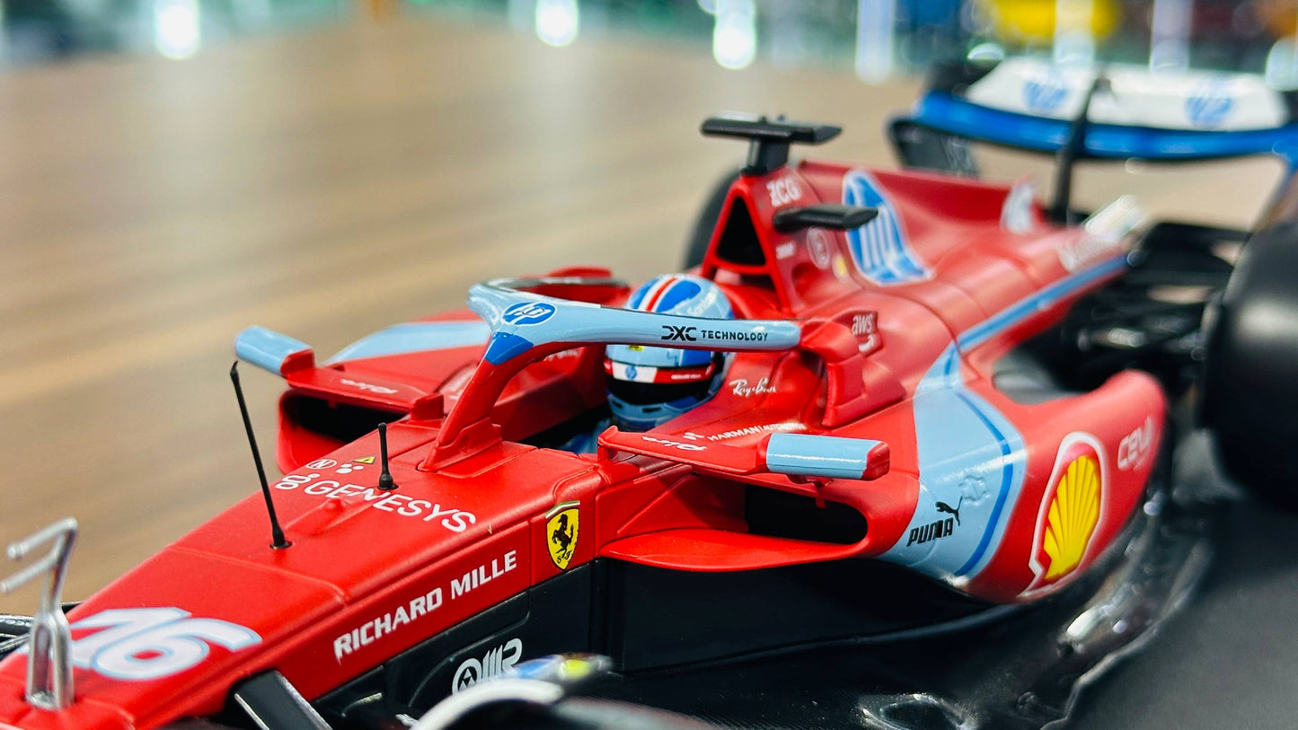 Bburago Ferrari SF‑24 Charles Leclerc #16 – 3rd Miami GP 2024 – Matt Red/Blue – 1:18 Metal Diecast Model