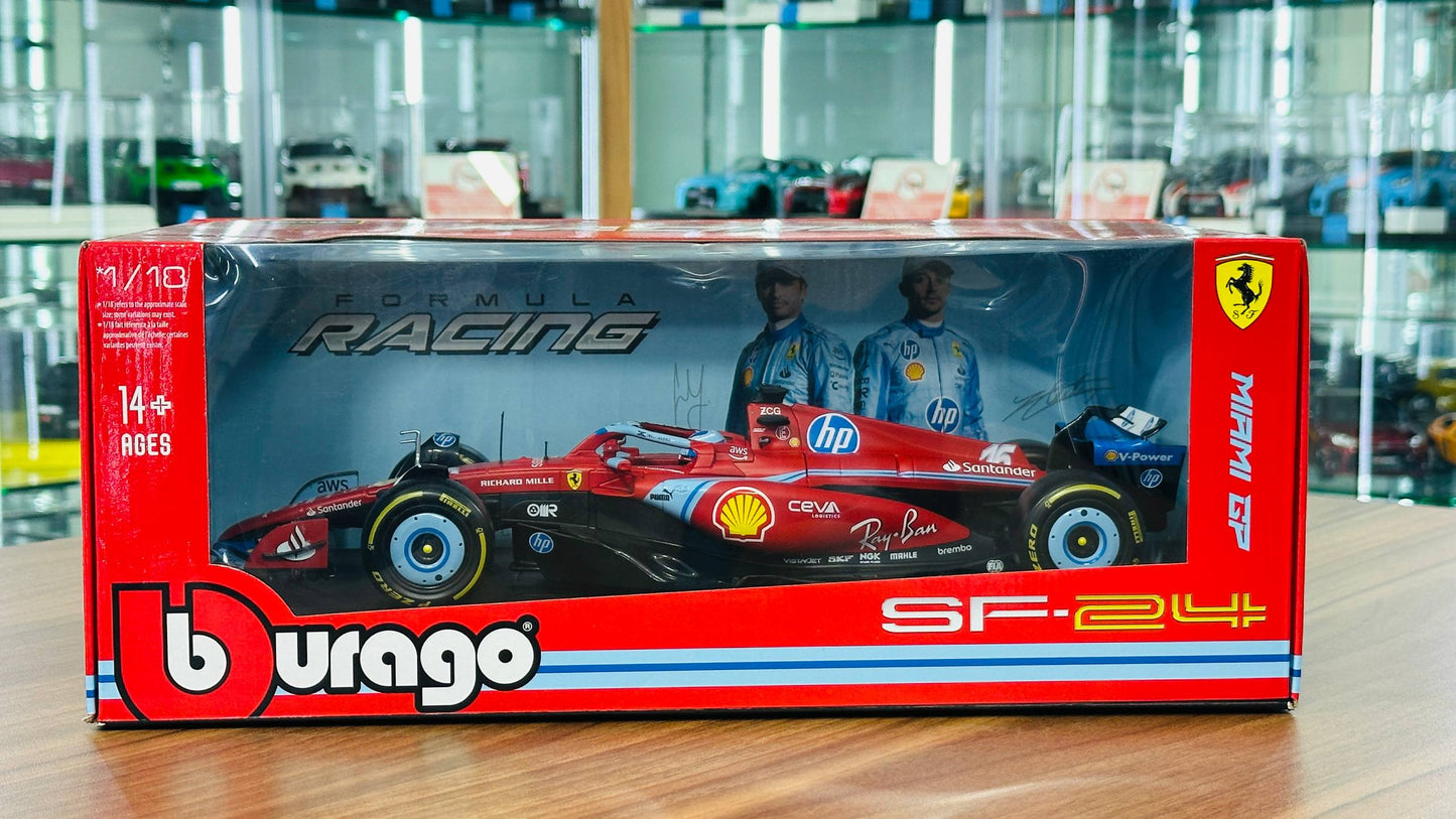 Bburago Ferrari SF‑24 Charles Leclerc #16 – 3rd Miami GP 2024 – Matt Red/Blue – 1:18 Metal Diecast Model