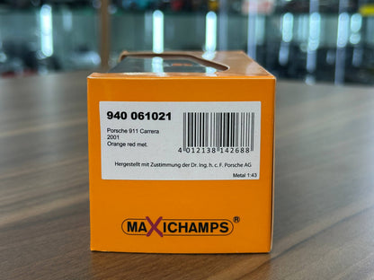 1/43 Diecast Maxichamps Porsche 911 Carrera 2001 in Orange Red Metallic