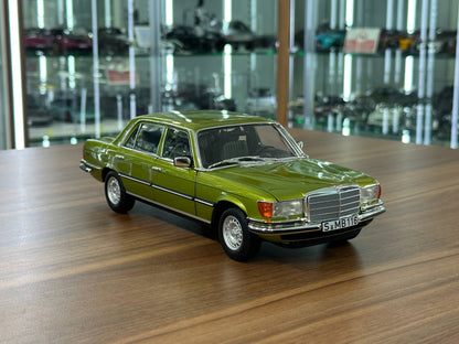 1:18 Diecast Norev Dealer Edition Mercedes-Benz 450 SEL (W116) 1976–1980 – Citrus Green (Full Opening)