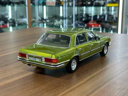 1:18 Diecast Norev Dealer Edition Mercedes-Benz 450 SEL (W116) 1976–1980 – Citrus Green (Full Opening)