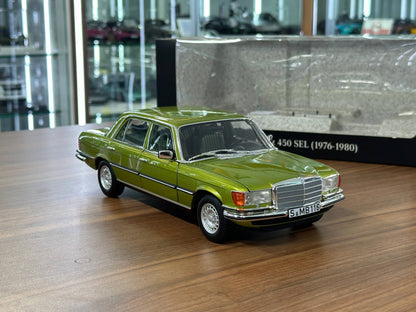 1:18 Diecast Norev Dealer Edition Mercedes-Benz 450 SEL (W116) 1976–1980 – Citrus Green (Full Opening)