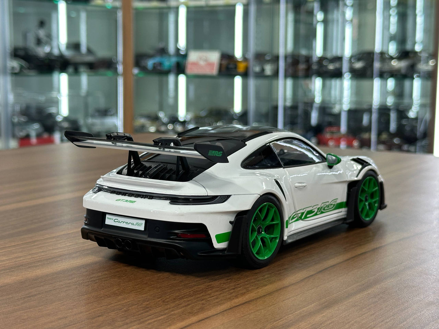 1:18 Diecast Model Norev Dealer Edition Porsche 911 GT3 RS Weissach Pack – Tribute to Carrera RS – White/Green – (Full Opening)