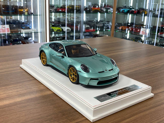 Porsche 911 S/T (992) 1:18 resin model in Pearl Green with Gold rims – limited edition sealed-body collectible available in Dubai