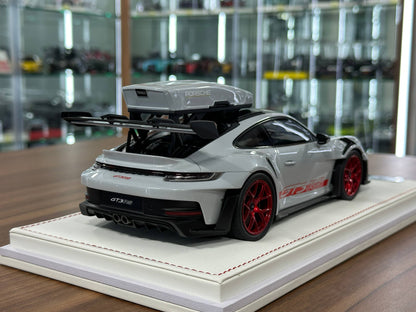 1/18 Resin Porsche 911 GT3 RS (992) – IVY Merit Models (Ice Grey Metallic, Red Livery, Red Wheels)