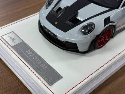 1/18 Resin Porsche 911 GT3 RS (992) – IVY Merit Models (Ice Grey Metallic, Red Livery, Red Wheels)