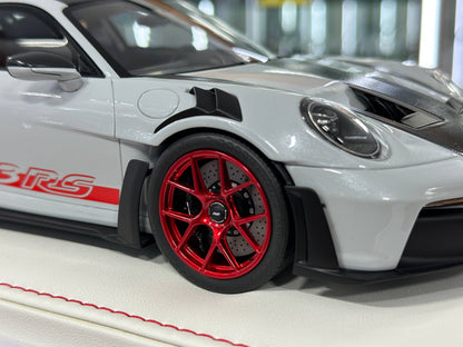 1/18 Resin Porsche 911 GT3 RS (992) – IVY Merit Models (Ice Grey Metallic, Red Livery, Red Wheels)