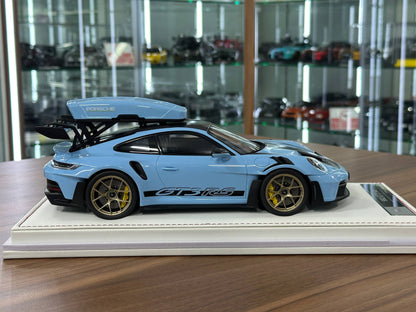 1/18 Resin Porsche 911 GT3 RS (992) – IVY Merit Models (Gulf Blue, Black Livery, Gold Wheels)