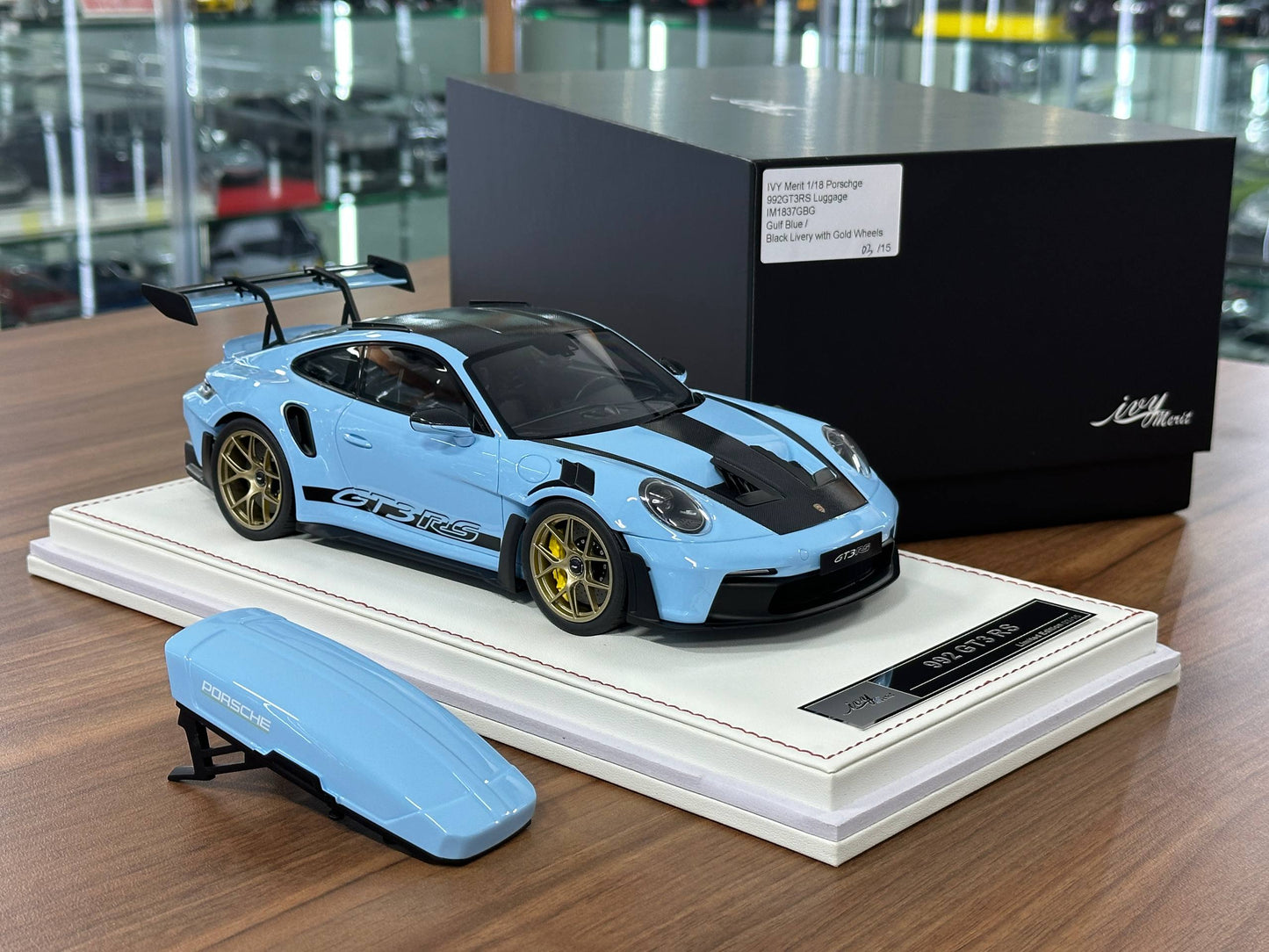 1/18 Resin Porsche 911 GT3 RS (992) – IVY Merit Models (Gulf Blue, Black Livery, Gold Wheels)