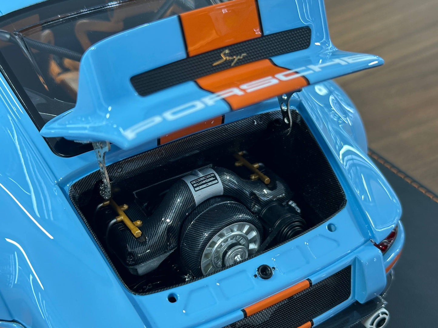 Porsche Singer DLS resin model car – Ivy Image 1:12 Gulf Blue with opening back engine hood Dubai edition