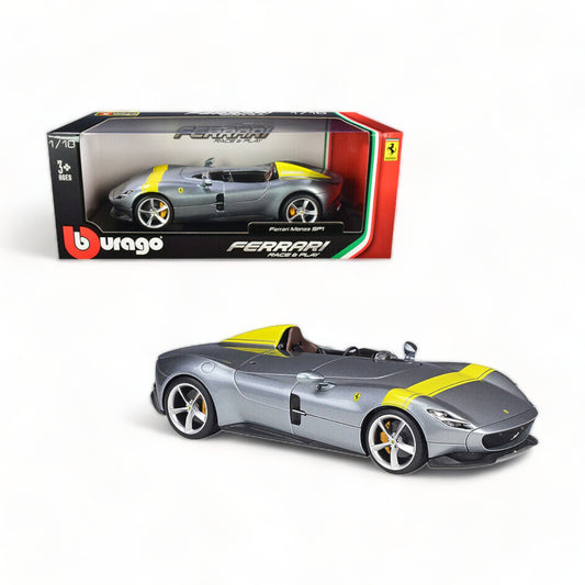 1/18 Diecast Ferrari Monza SP1 Silver Metallic with Yellow Stripes Scale Model Car